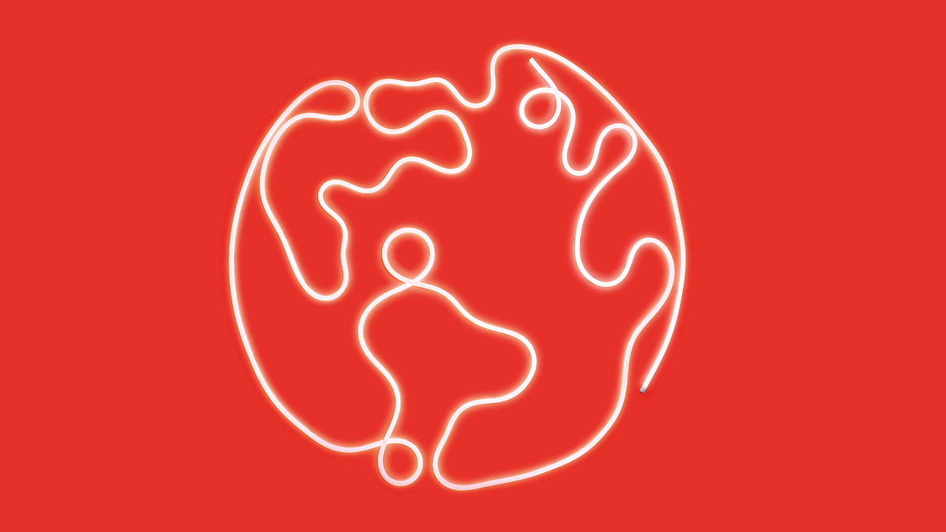 Glowing neon-style white line forming a globe outline on a red background, symbolizing Artemide's global presence.