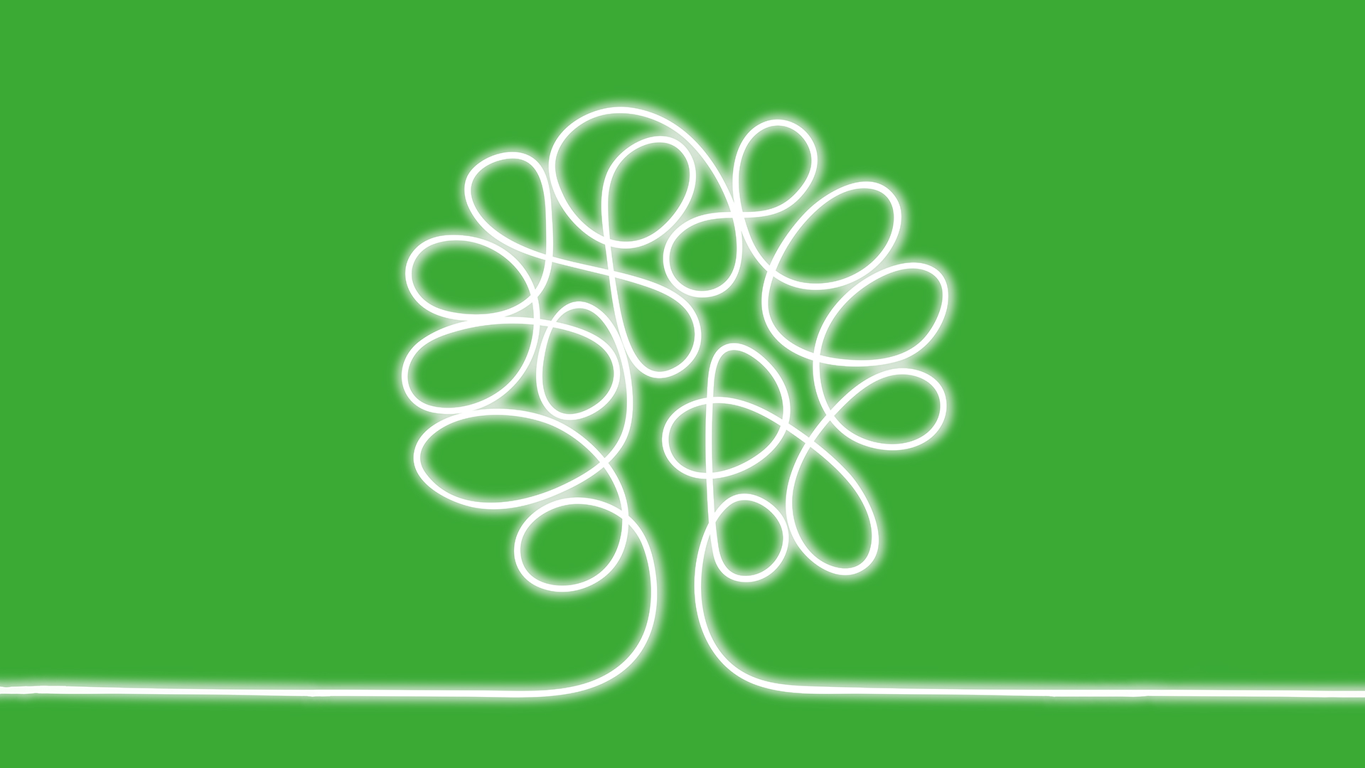 Glowing white neon line forming a tree shape with looping branches on a green background, representing Artemide La Linea 25.