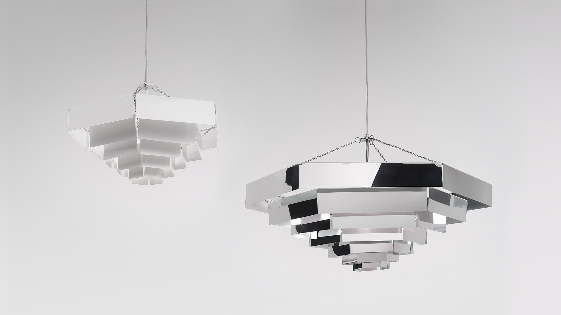 Artemide Lampada Esagonale: polished aluminum ceiling lamp with concentric hexagonal rings converging to a central light source