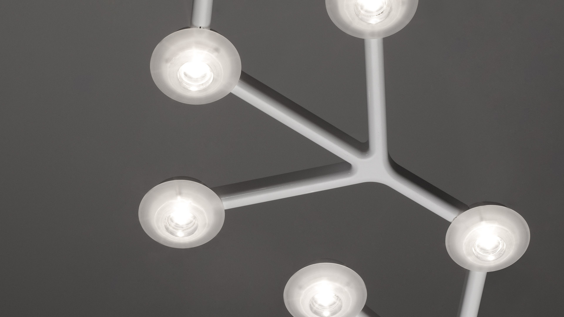 Artemide Led Net ceiling lamp: white branching metal structure with five circular LED diffusers, viewed from below