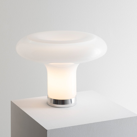 Artemide Lesbo table lamp with opal white glass mushroom-shaped diffuser and cylindrical base on polished chrome ring