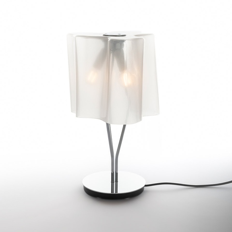 Artemide Logico Tavolo table lamp with white silk-screened glass shade and polished chrome base and stems