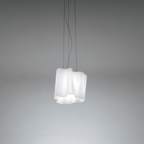 Artemide Logico pendant lamp with white opal folded diffuser suspended by two thin cables against a grey background