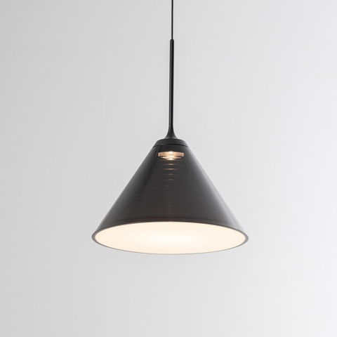 Artemide Look at Me pendant lamp with dark conical metal shade, white inner diffuser, and black suspension cord
