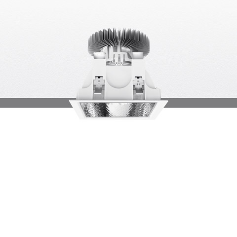 Artemide Luceri Kadro Trim LED recessed downlight, square white frame with faceted reflector and aluminum heat sink