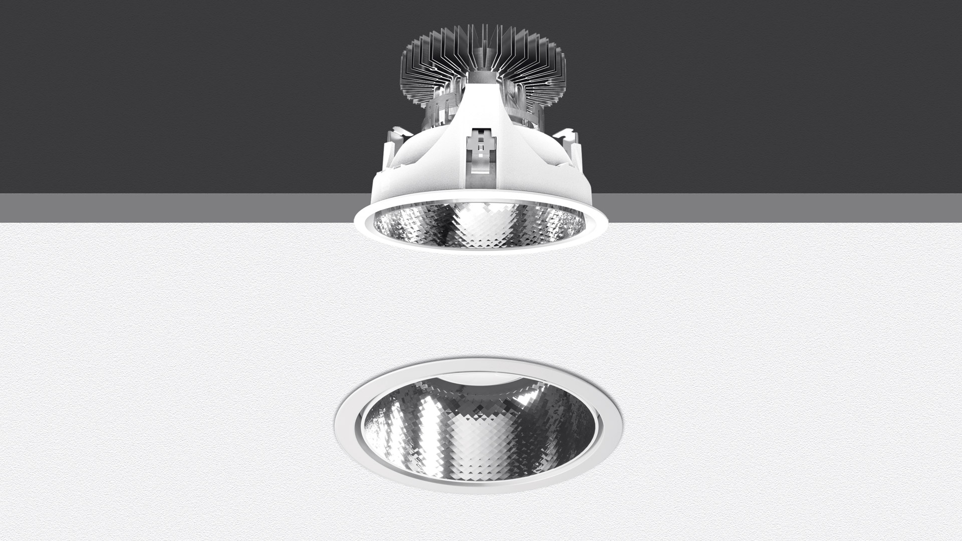 Artemide Luceri Round Trim LED recessed downlight with faceted reflector and white trim, shown installed in ceiling