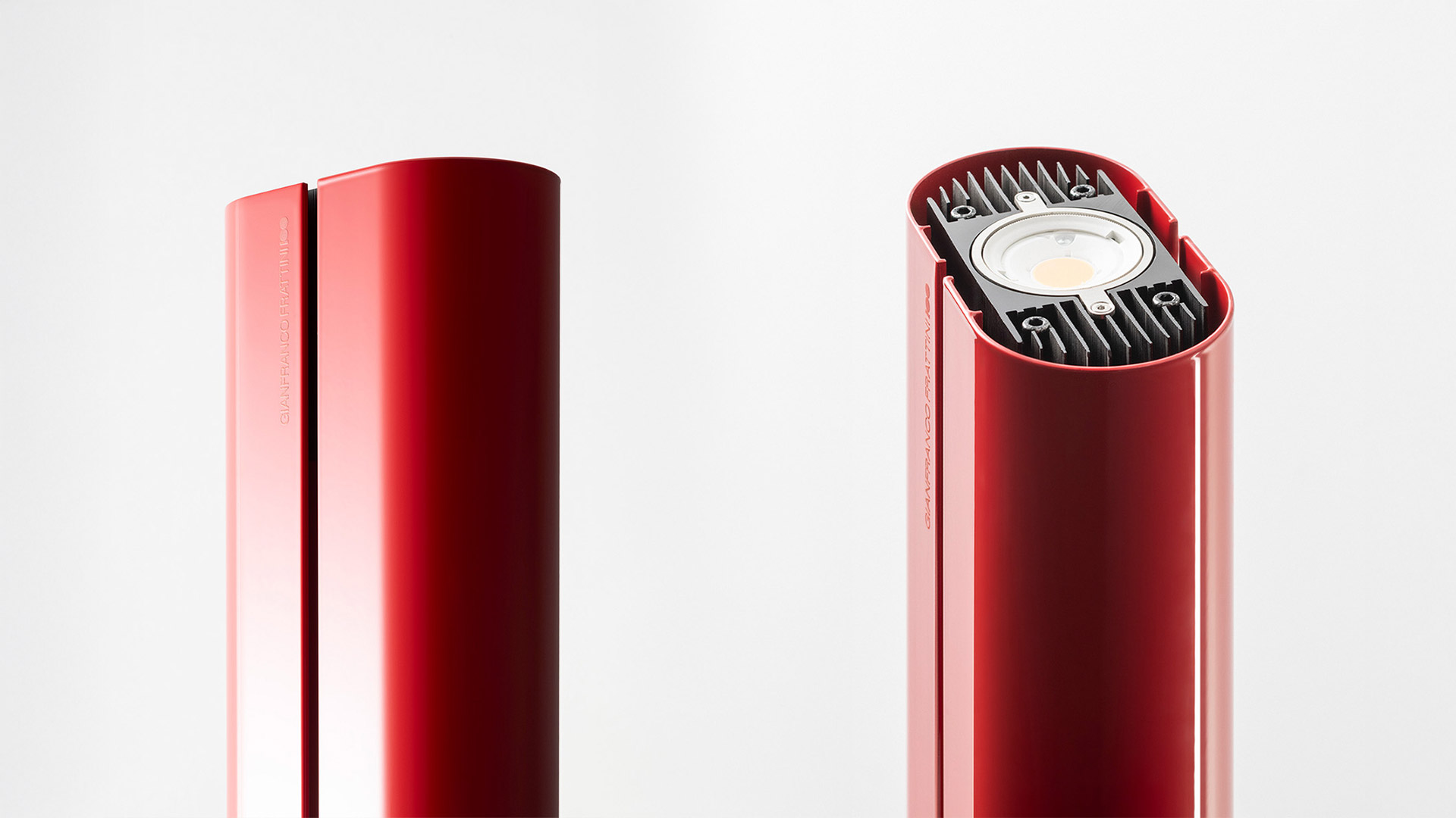 Artemide Megaron floor lamp in red: left view shows closed cylindrical body, right view reveals LED module with heat sink fins
