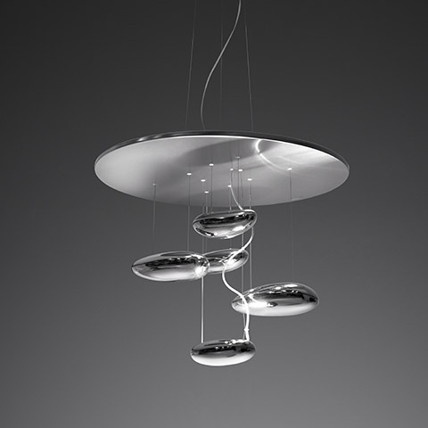 Artemide Mercury Mini pendant lamp: polished chrome disc canopy suspending five oval mirrored droplets at varying heights