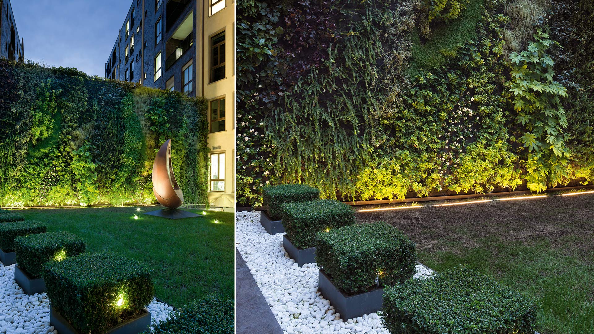 Vertical garden wall dramatically lit at night by Artemide Minispot ground lights illuminating sculpted boxwood hedges and lush greenery