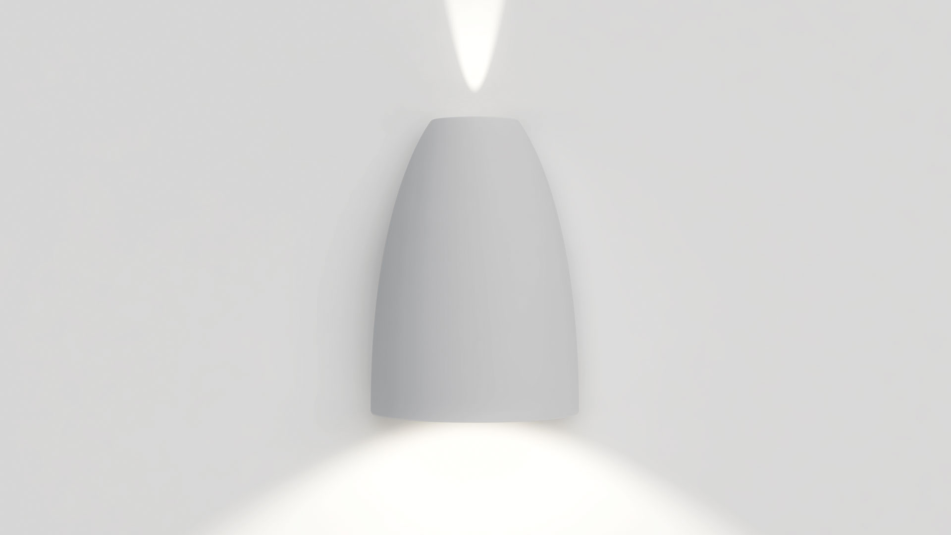 Artemide Molla wall lamp in white, bullet-shaped body emitting upward and downward light beams against a white wall