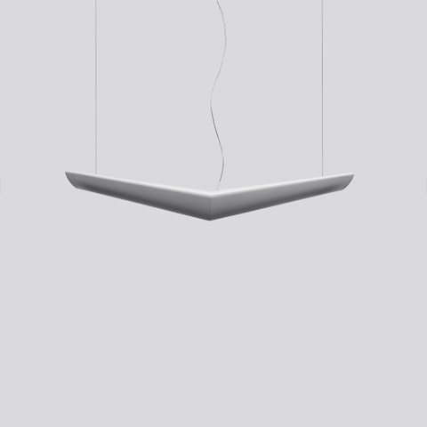 Artemide Mouette Simmetrica pendant lamp, V-shaped white fixture with soft curved edges, suspended by thin cables
