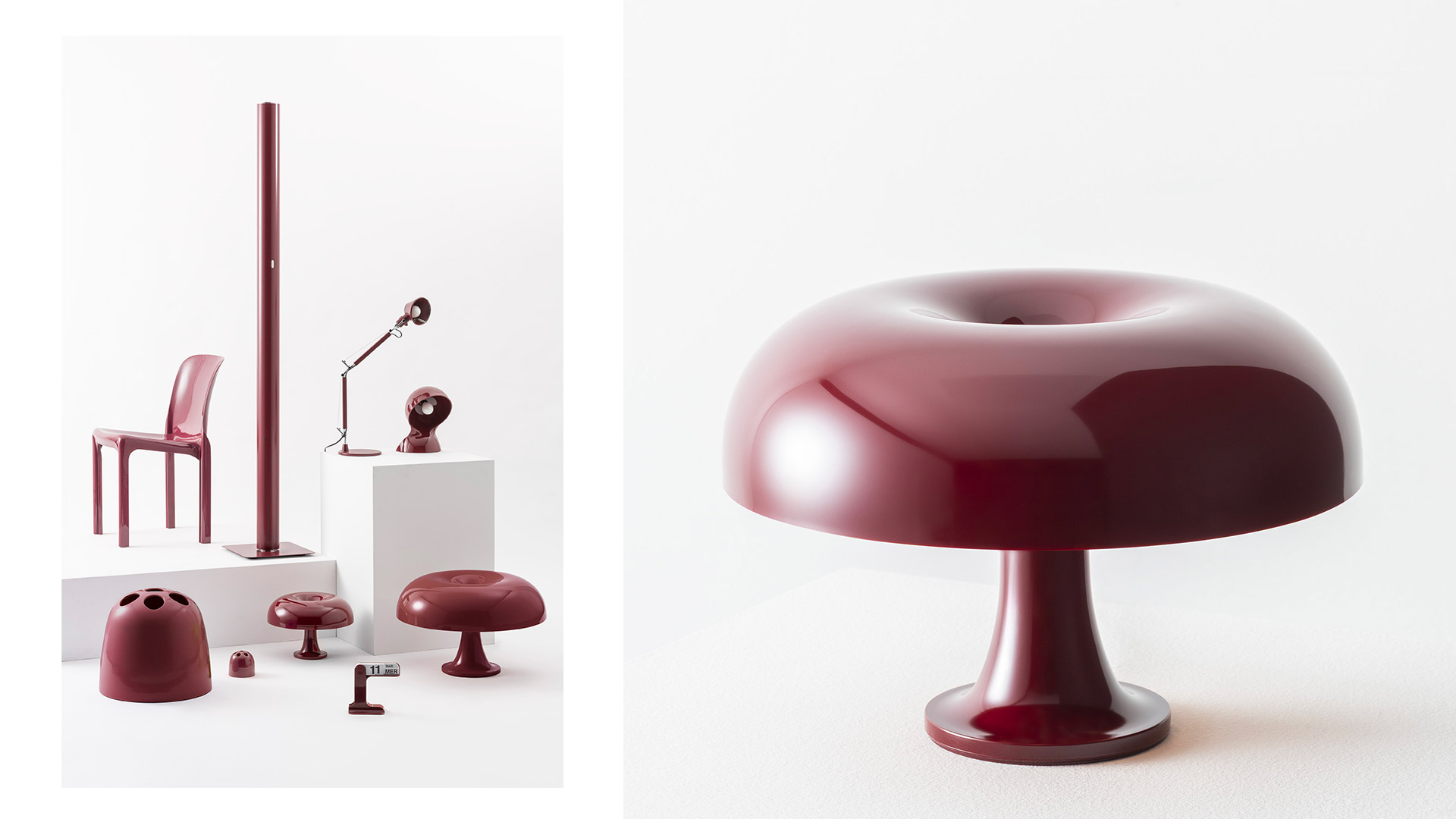 Three Artemide Nessino table lamps in white, orange, and red, featuring glossy mushroom-shaped shades on small pedestal bases