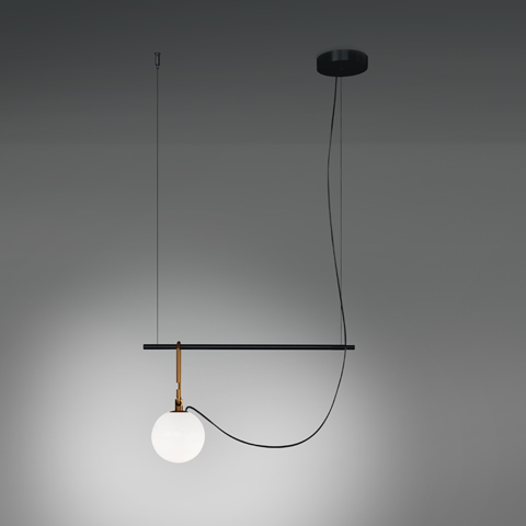 Artemide NH pendant lamp: black horizontal bar with brass joint, white opal glass sphere, black cord looping from ceiling canopy