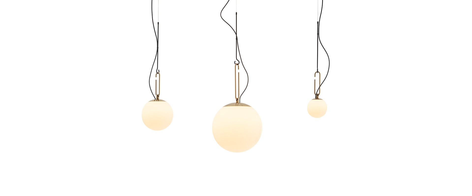 Artemide nh ceiling lamp: black circular frame with four white opal glass sphere bulbs suspended at varying heights
