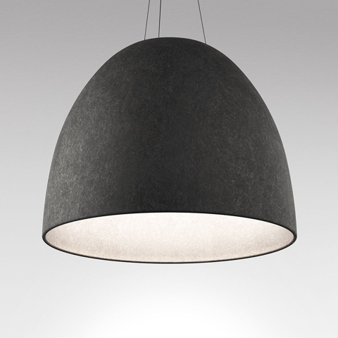 Artemide Nur Acoustic pendant lamp with dark grey felt dome shade and white interior, suspended by thin cables