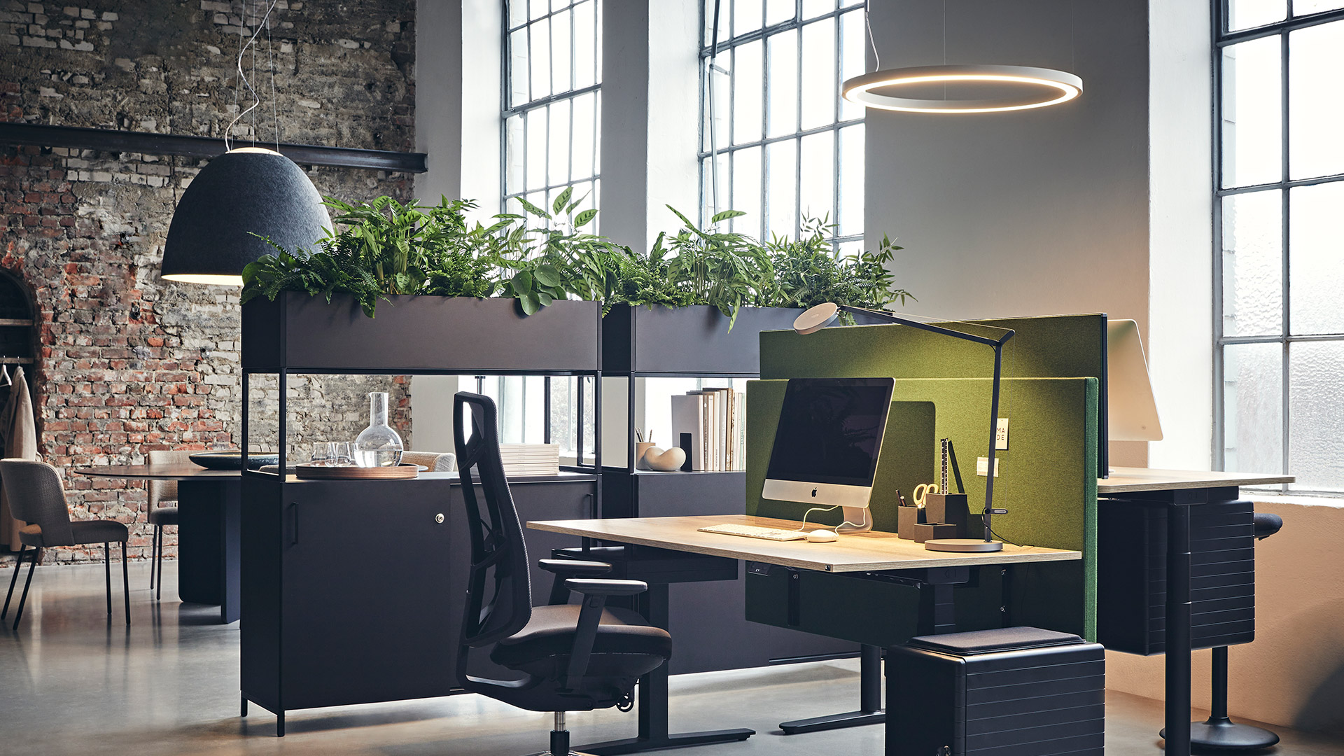Artemide Nur Acoustic pendant lamp with dark grey felt dome shade, suspended by thin cables, emitting soft downward light