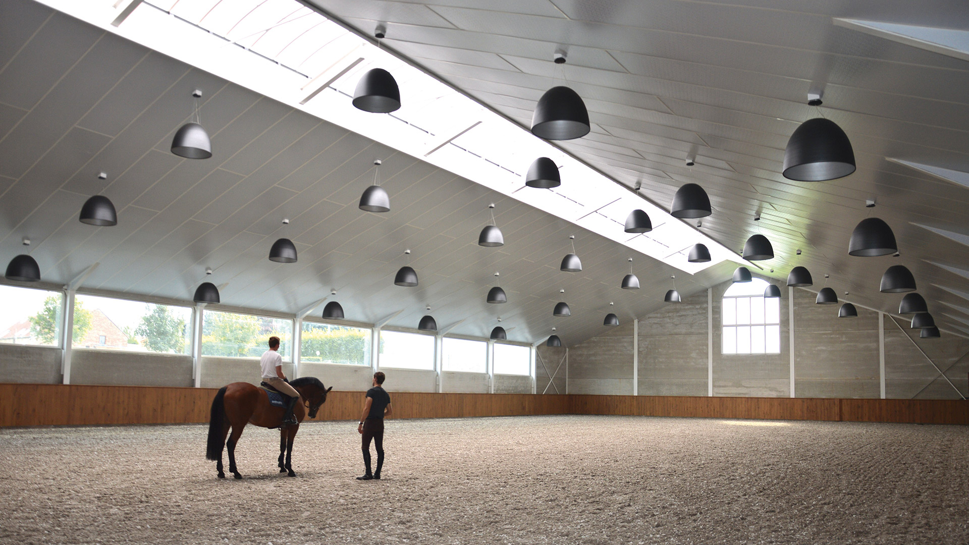 Artemide Nur 1618 pendant lamp with dark anthracite dome-shaped shade, white interior, suspended by thin cables