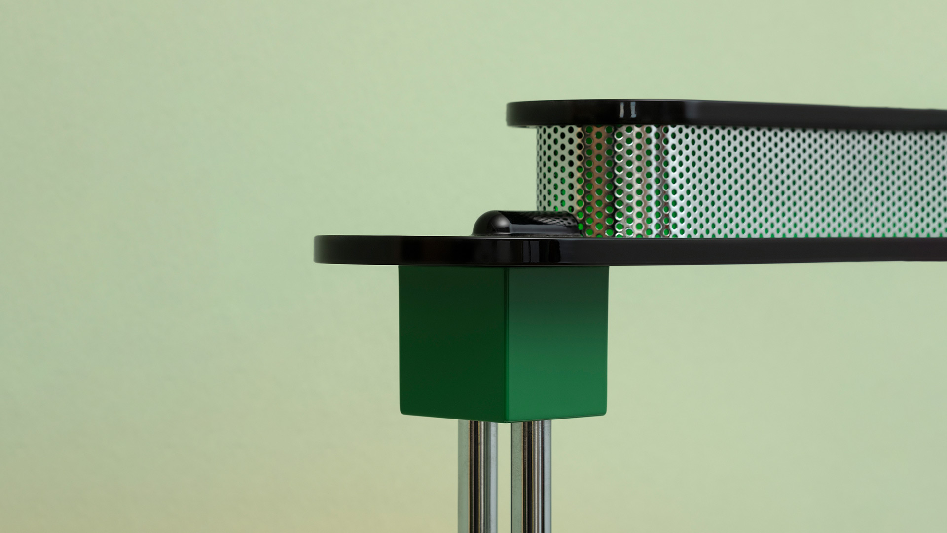 Artemide Pausania table lamp: horizontal fluorescent tube on two metal columns, green glass diffuser, black rectangular base
