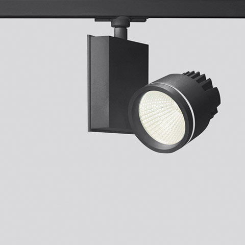 Artemide Picto 125 black LED track spotlight with adjustable cylindrical head and heat sink, mounted on a rail