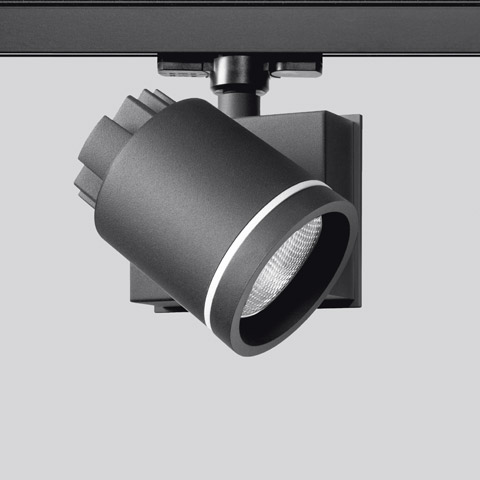 Artemide Picto 100 black track spotlight with adjustable cylindrical LED head mounted on a rail system