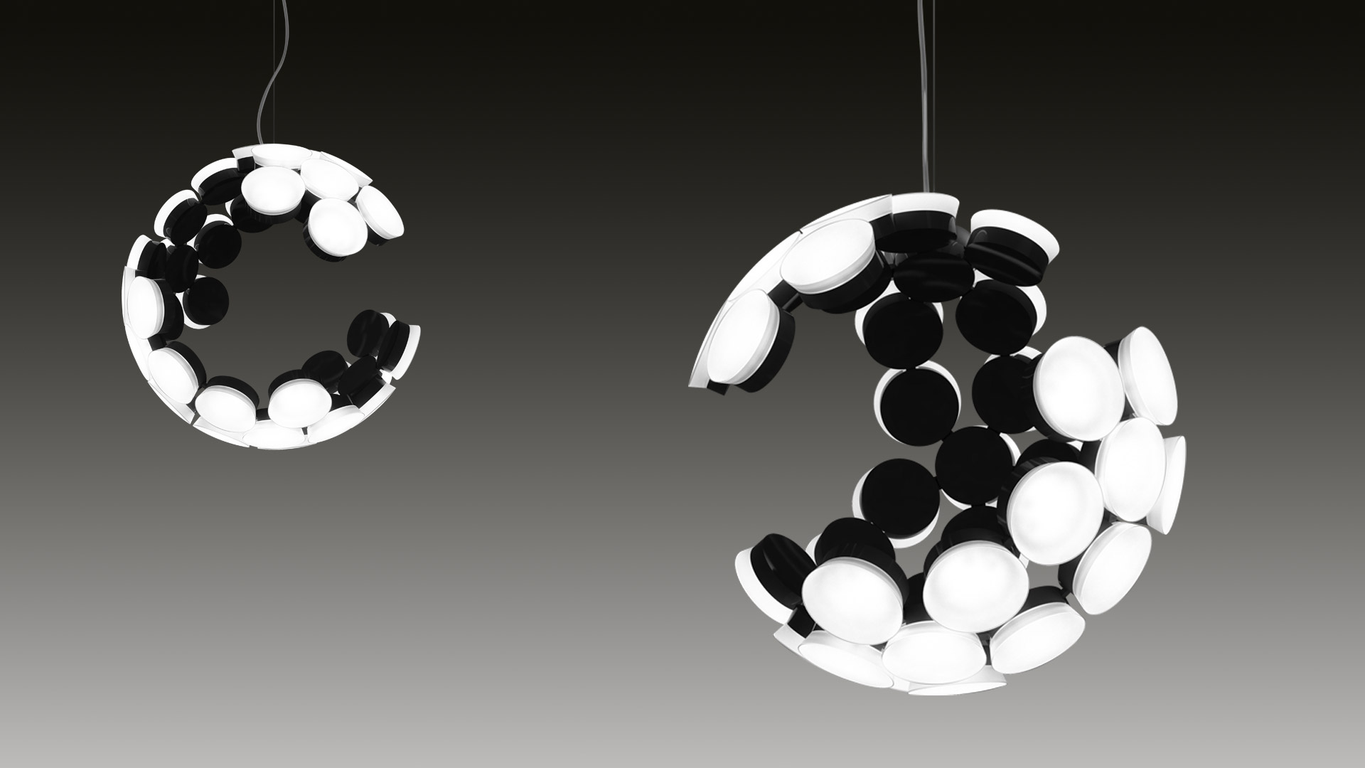 Multiple Artemide Scopas pendant lights with clustered white disc diffusers arranged in crescent shapes, installed above escalators in a commercial space