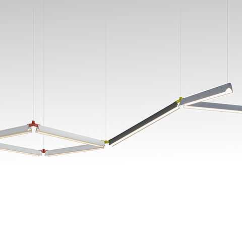 Artemide Series Y modular pendant lights: hexagonal white frame with red joints and linear segments with yellow-green connectors on cables