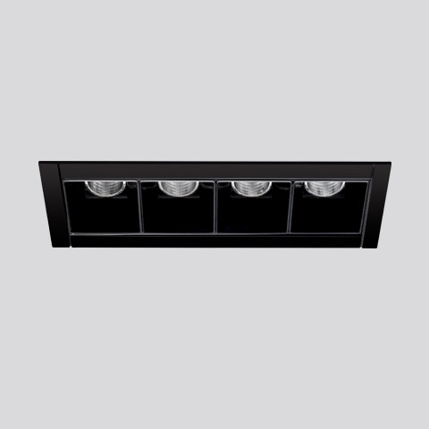 Artemide Sharp recessed ceiling light with four LED modules in a rectangular black frame, designed for precise directional illumination.