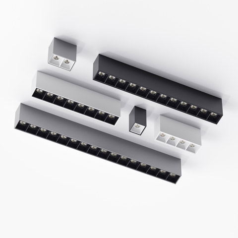 Artemide Sharp SMD linear LED ceiling lights in white and black finishes, various lengths, featuring recessed multi-spot modules