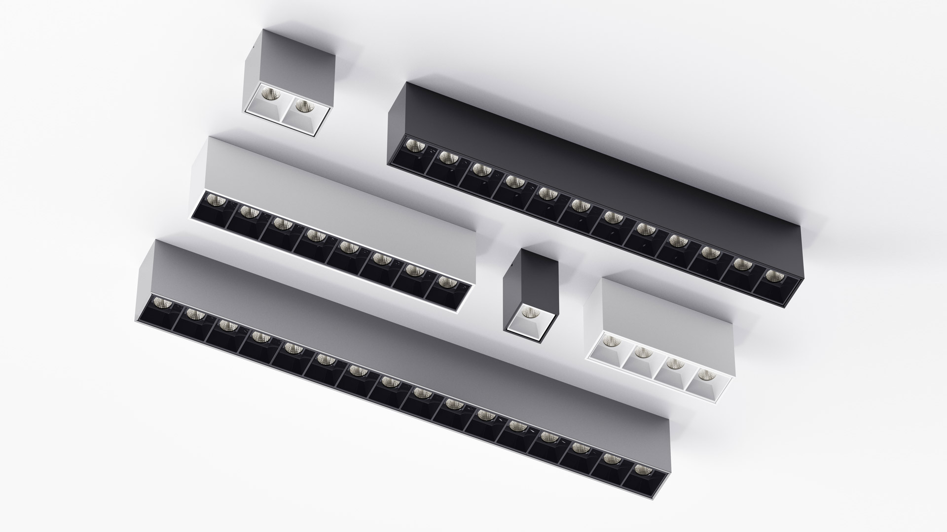 Artemide Sharp SMD linear LED fixtures in white and black finishes, featuring modular recessed segments with exposed LED arrays