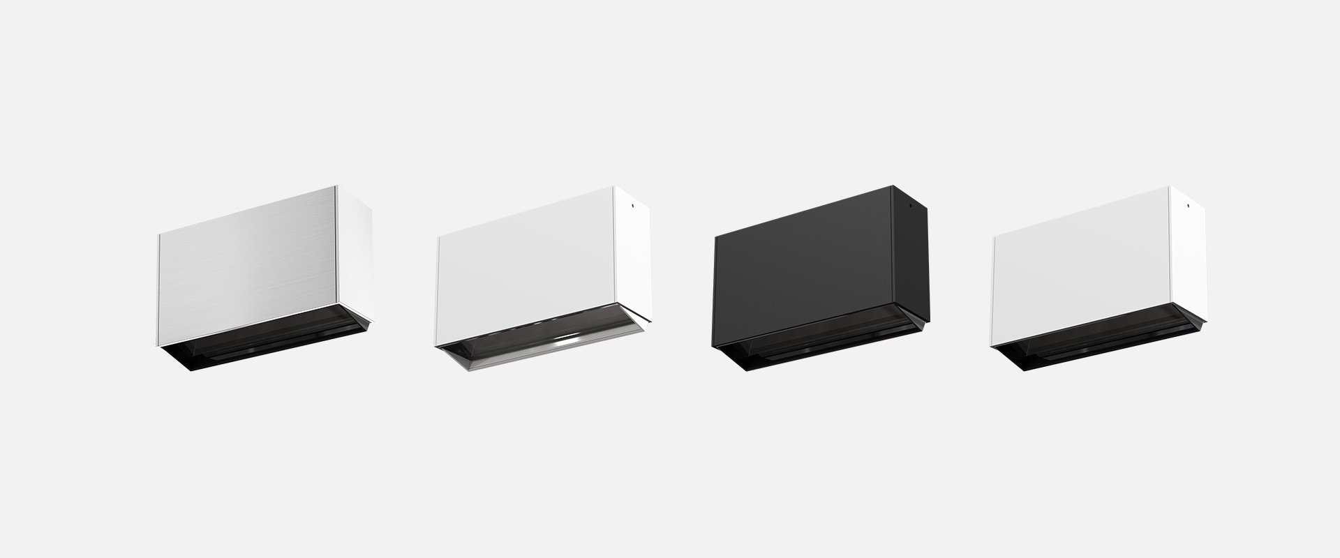 Four Artemide Sharp Wallwasher SMD ceiling lights in two white and two black rectangular versions with downward-facing apertures