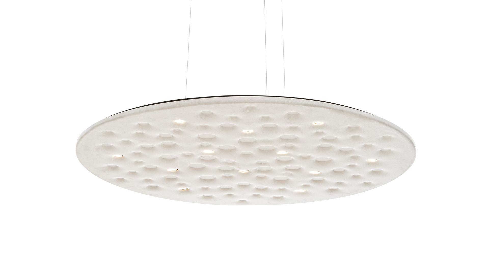 Artemide Silent Field 2.0 ceiling panel in orange with textured dimpled surface and integrated recessed LED spotlights