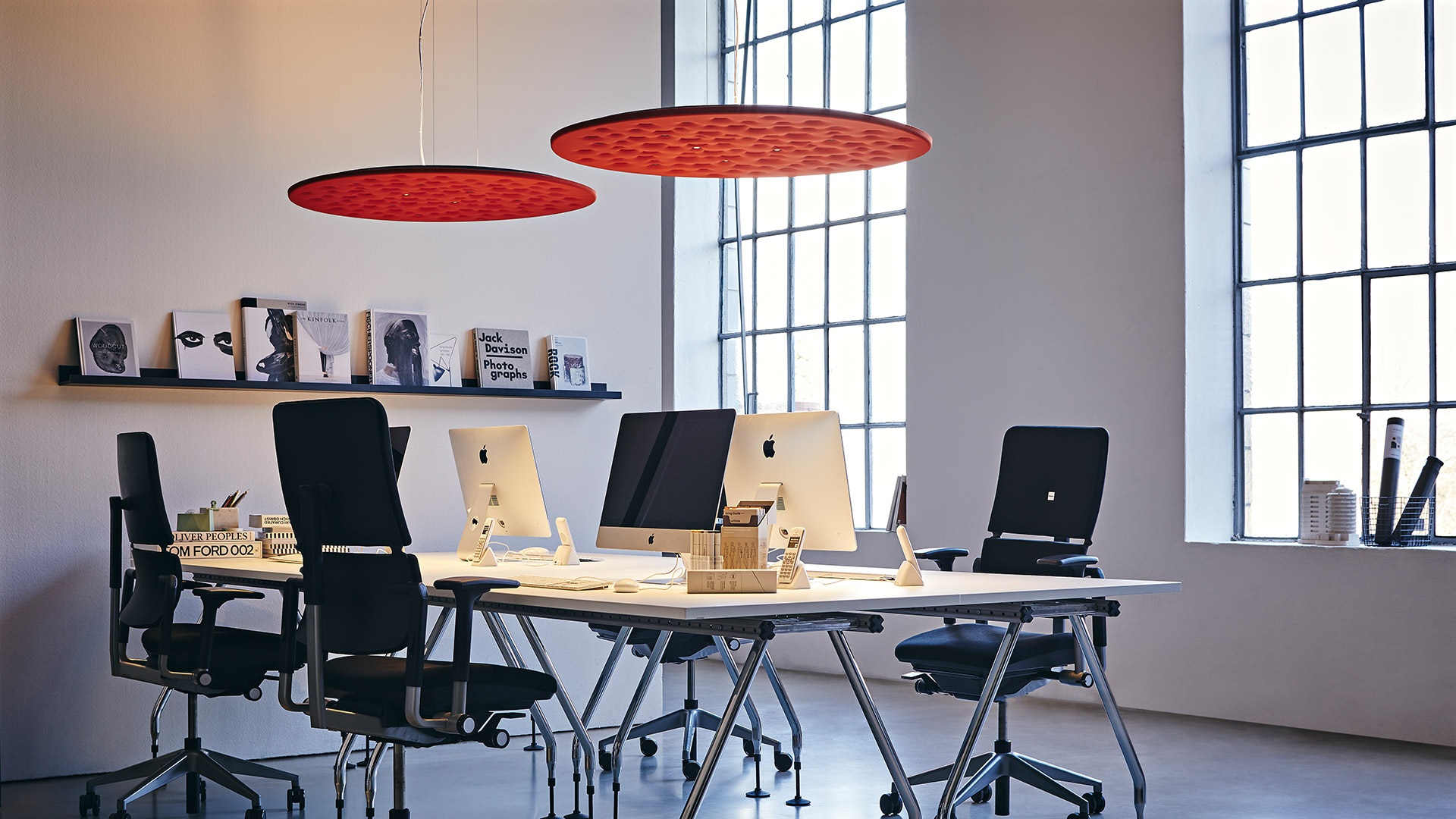 Artemide Silent Field 2.0 pendant lamp: large white circular disc with textured honeycomb-like dimples housing integrated LED lights