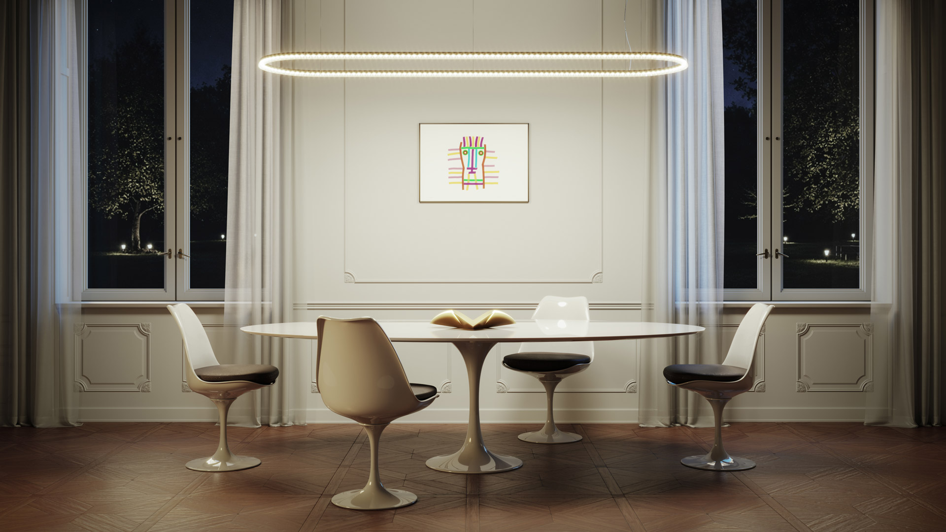 Artemide Somnĭum System: two overlapping circular LED pendant lights in silver, suspended by thin cables, emitting soft diffused light