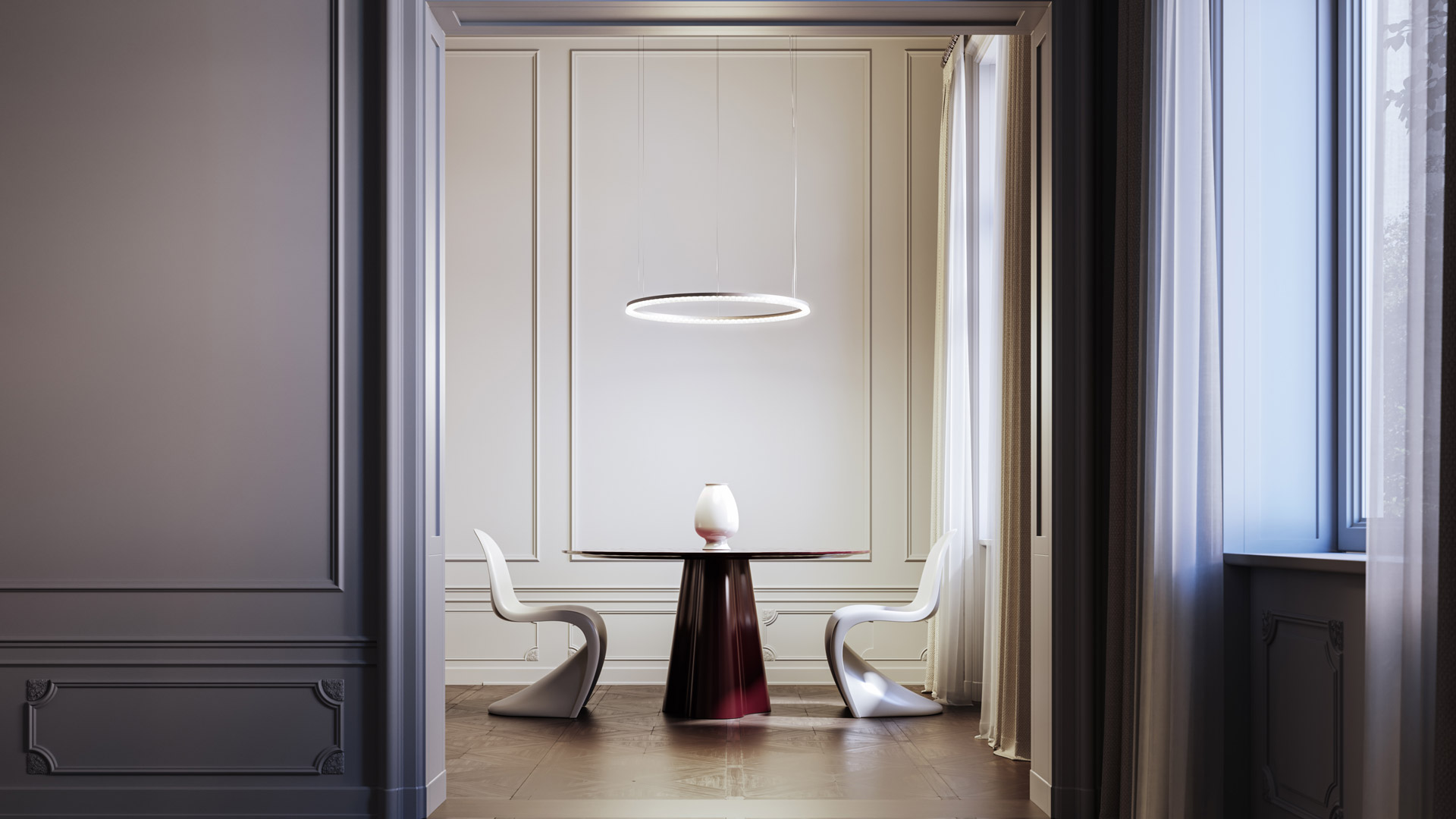Artemide Somnĭum System: close-up of a circular pendant lamp with textured crystal diffusers and warm LED light sources on a white ring