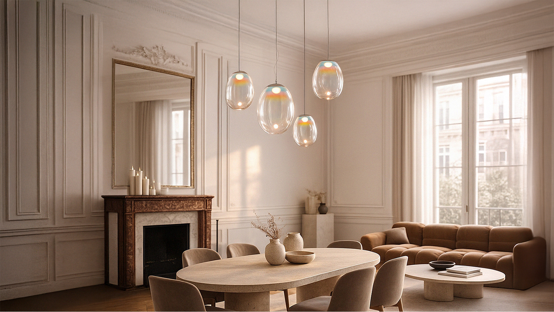 Elegant dining room with four Artemide Stellar Nebula pendant lamps featuring iridescent glass shades hanging above an oval wooden table.