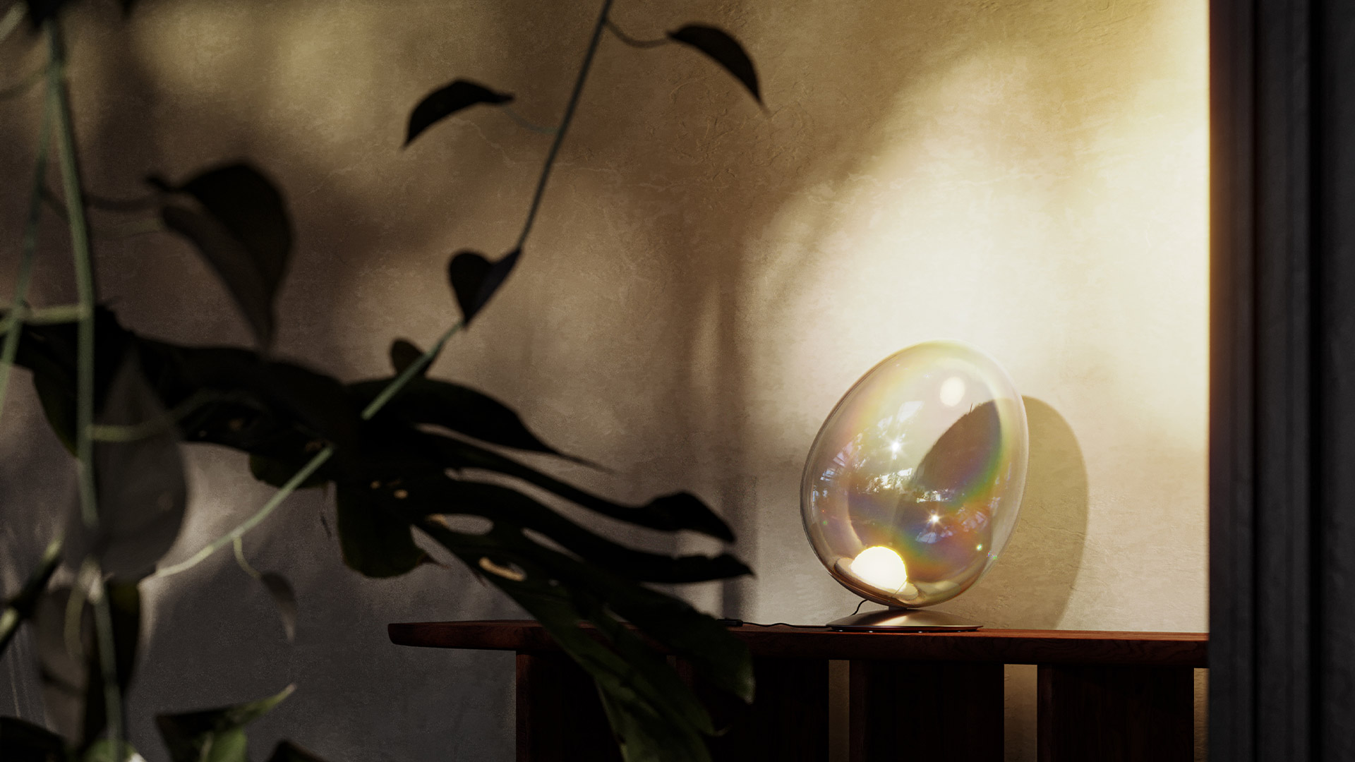 Artemide Stellar Nebula floor lamp: tall slim black stem, round clear glass globe with vibrant purple, orange and yellow gradient light