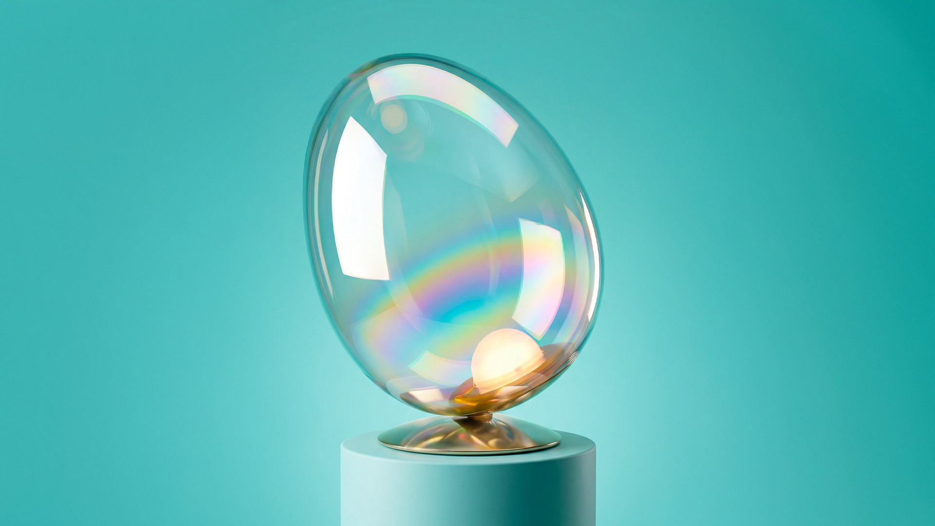 Artemide Stellar Nebula table lamp, iridescent glass sphere emitting warm light, casting glowing shadows on wall beside tropical plants