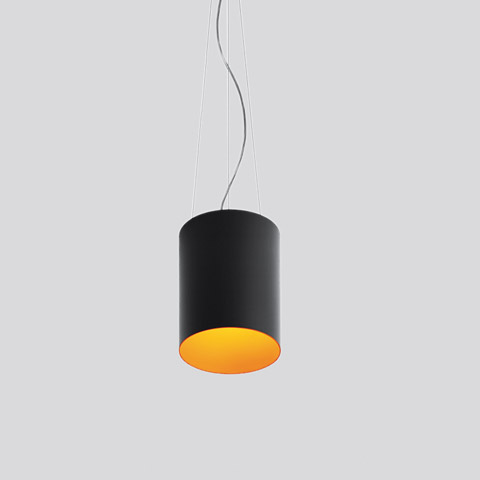 Tagora Sospensione 270 by Artemide: cylindrical pendant lamp with matte black exterior and warm golden interior, suspended by thin cables