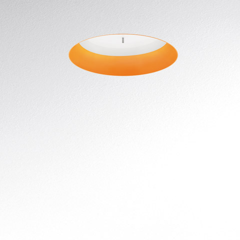 Tagora Incasso 570 recessed ceiling light by Artemide, featuring a wide orange diffuser ring with white central dome