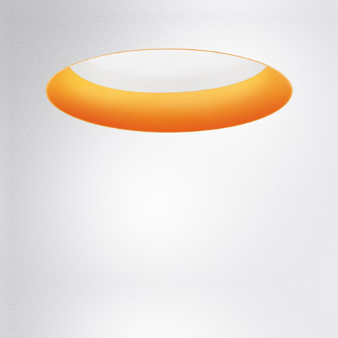 Artemide Tagora Incasso 970 recessed ceiling lamp with a wide circular orange diffuser emitting soft downward light