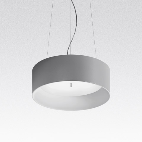 Artemide Tagora Suspension 570: cylindrical grey pendant lamp with wide drum shade and white diffuser, suspended by thin cables