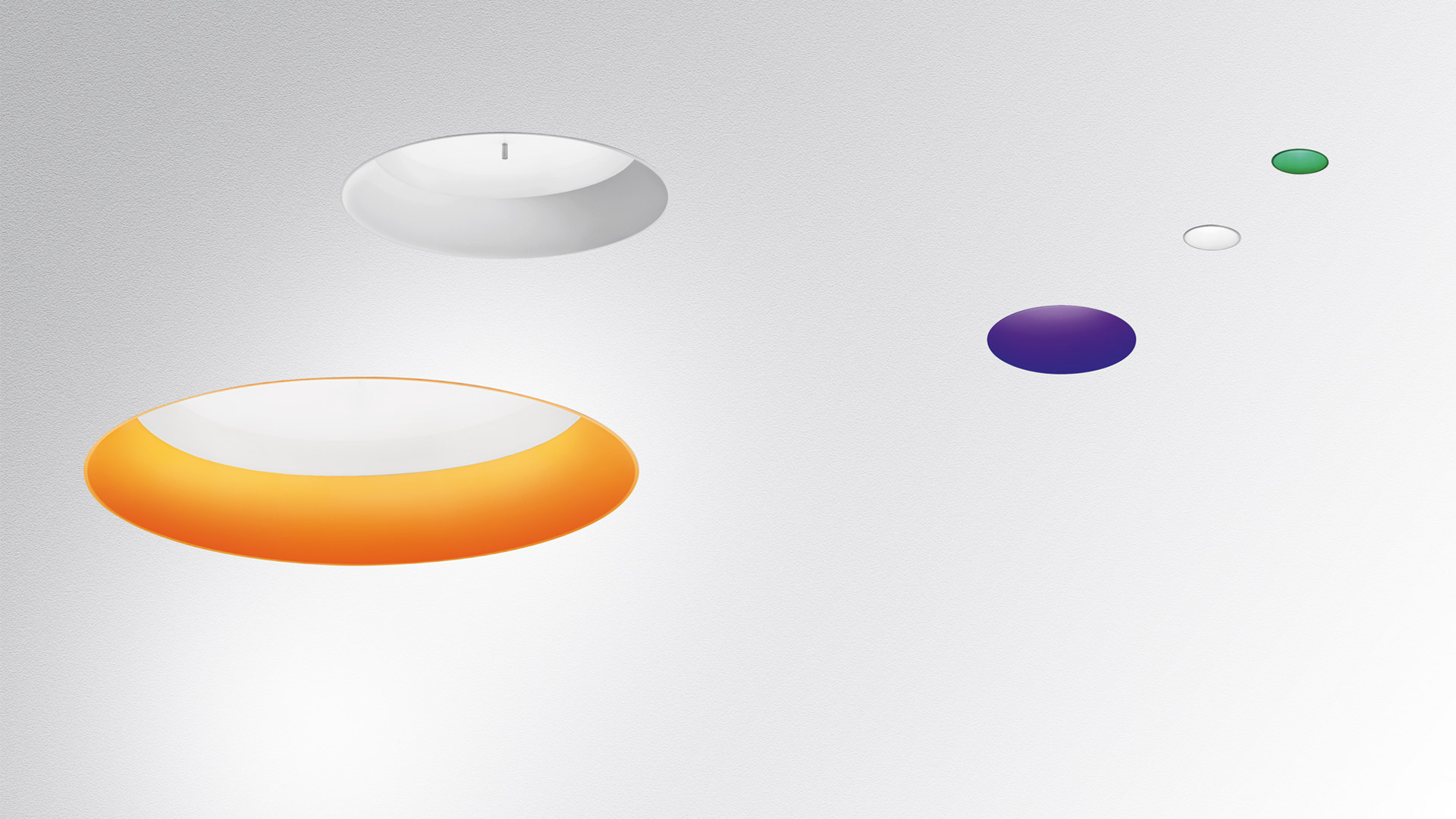Artemide Tagora pendant lamps: white and orange disc-shaped versions shown with color swatches in white, purple, and green