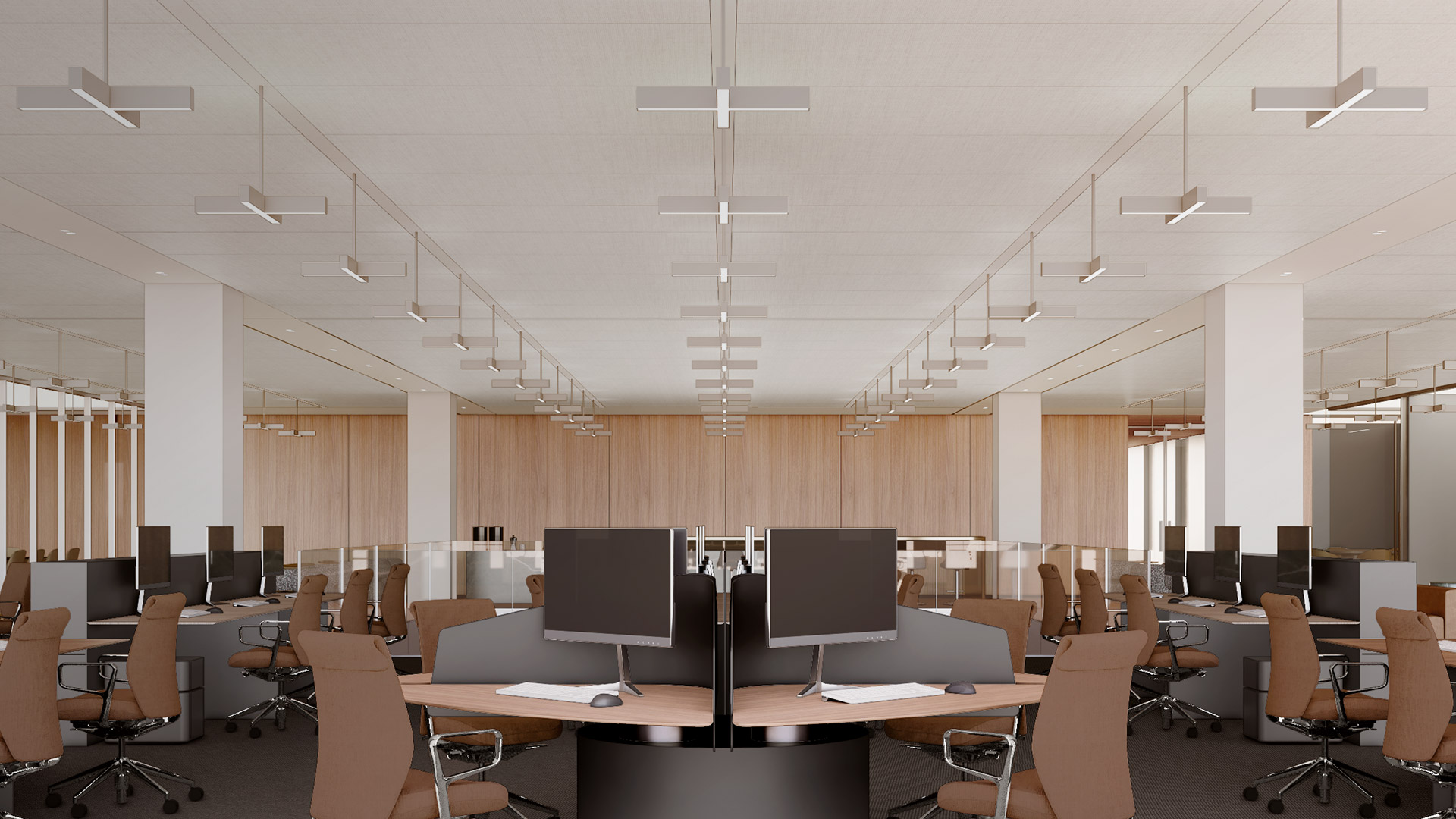 Three Artemide Tetras pendant lights in black, red, and white, featuring a cross-shaped LED design, suspended from the ceiling.