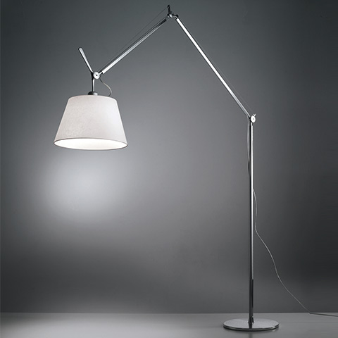 Artemide Tolomeo Mega Terra floor lamp with adjustable chrome arm and large white fabric shade on a round base