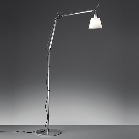 Artemide Tolomeo Basculante Terra floor lamp with adjustable aluminum arm, conical white shade, and circular base