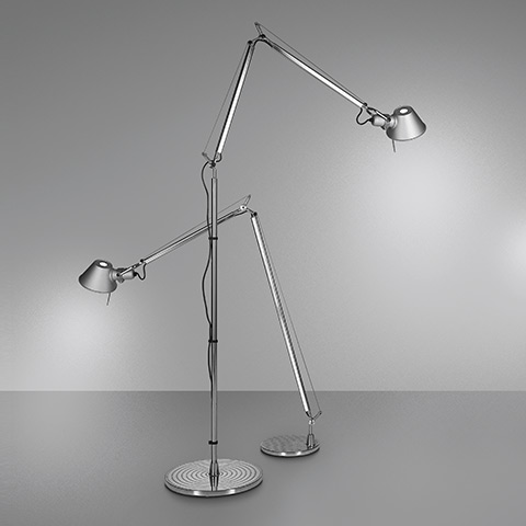 Two Artemide Tolomeo Terra floor lamps in aluminium: one upright, one angled, both with adjustable arms and conical shades on circular bases