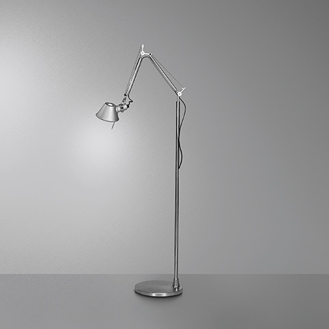 Artemide Tolomeo Micro Terra floor lamp in aluminium with adjustable articulated arm and small conical shade on round base
