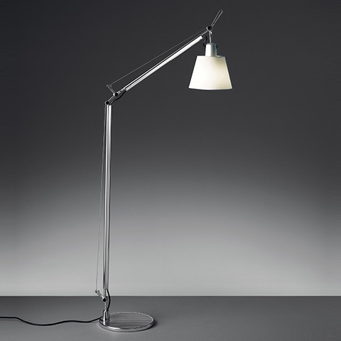 Artemide Tolomeo Basculante Reading Floor lamp: adjustable polished aluminum arm, conical white diffuser shade, circular base