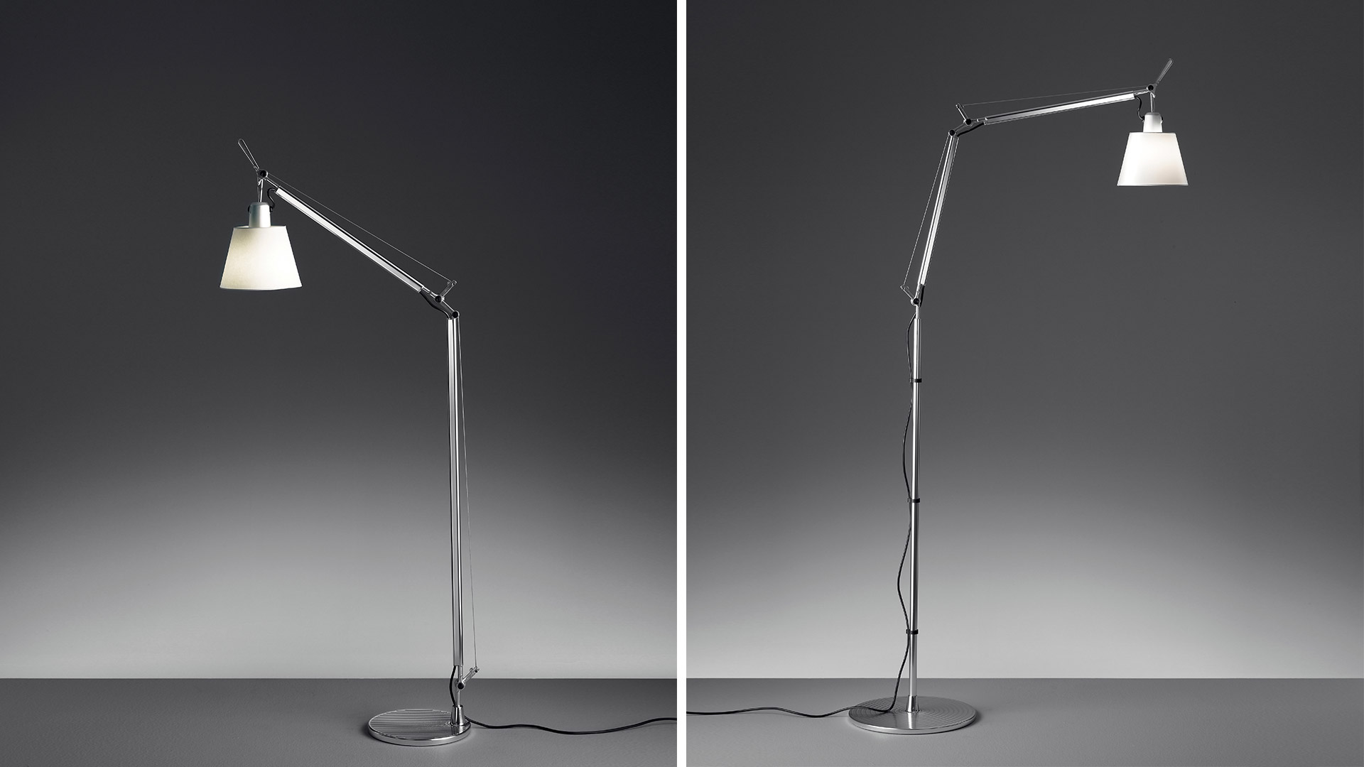 Artemide Tolomeo Basculante Terra floor lamp shown in two positions: extended horizontal reach and upright, with aluminum arms and white conical shade