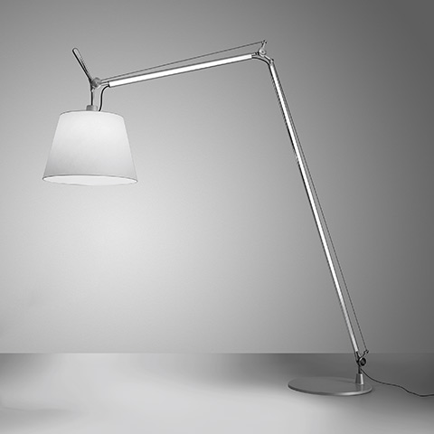 Artemide Tolomeo Maxi floor lamp: adjustable aluminum articulated arm with large white conical shade on a round base